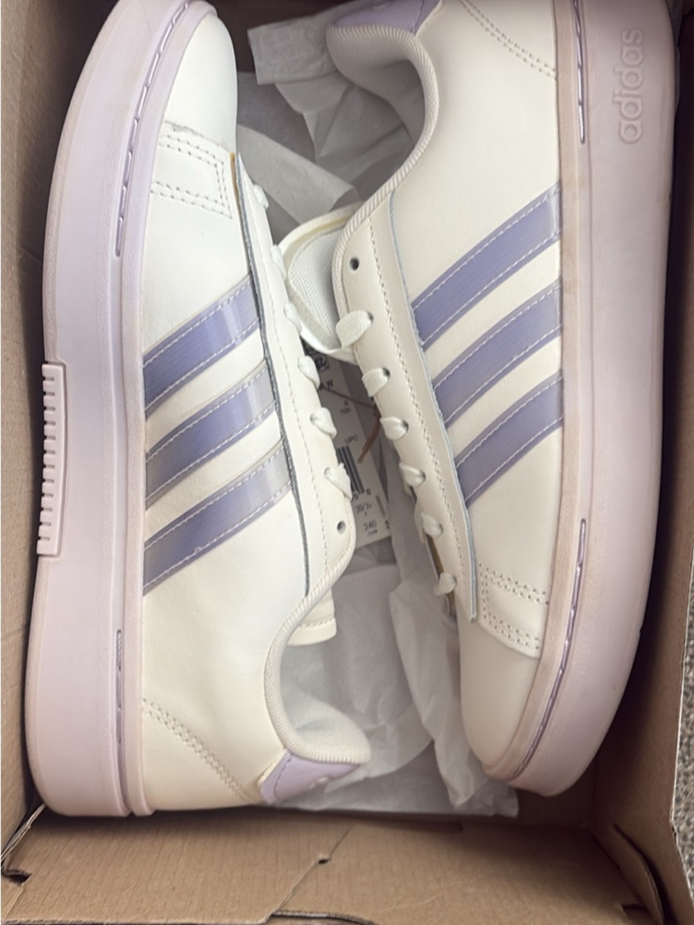 adidas White Sneakers with Lavender Stripes
